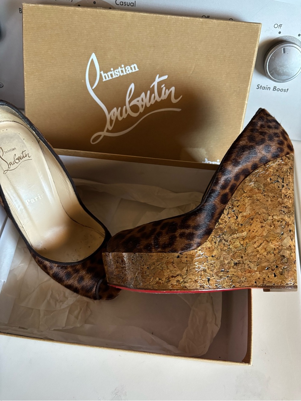 Christian Louboutin Leopard Print Cork Wedge Pumps Open Toe with Red Soles